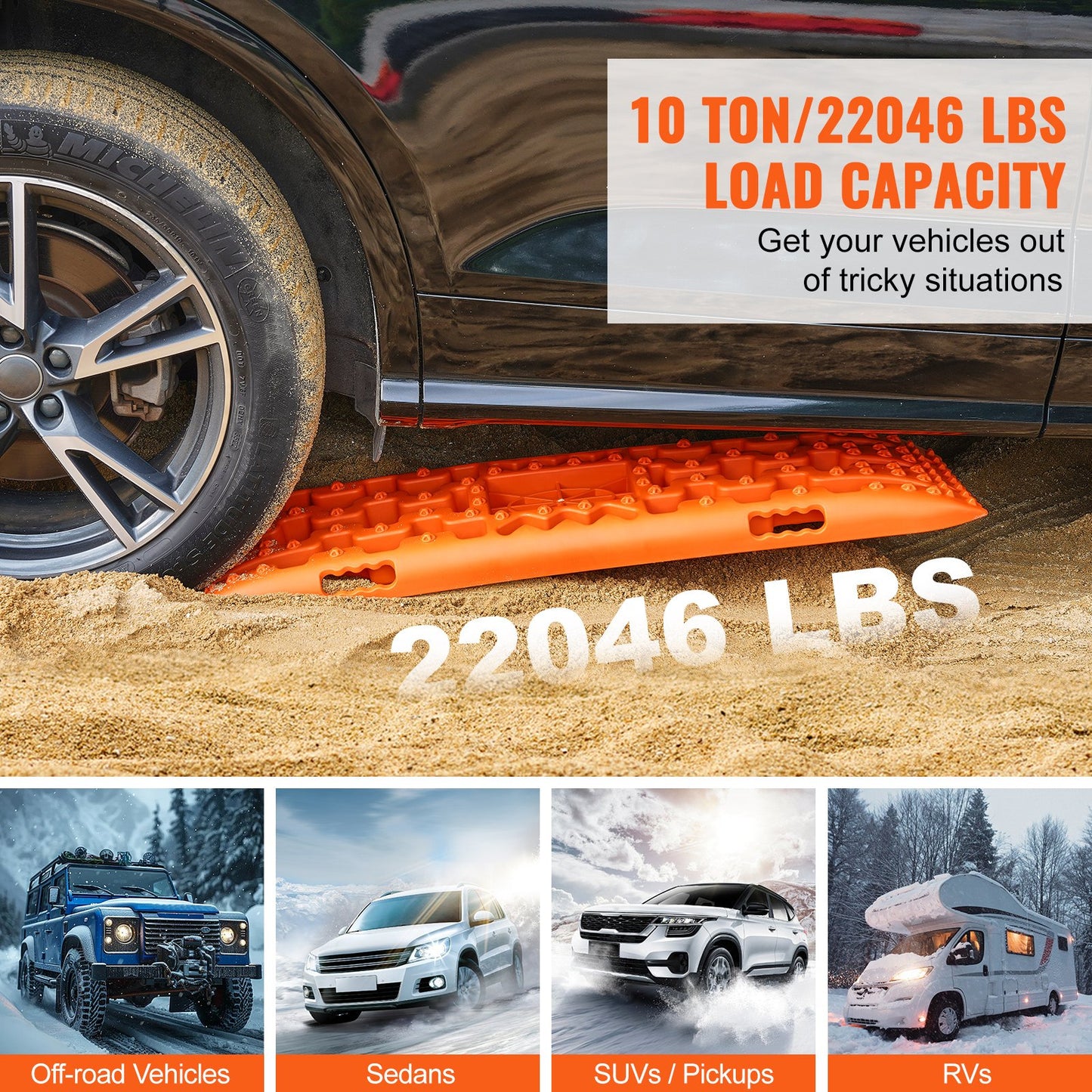 VEVOR 10 TON Traction Boards with PP Material, Recovery Boards for Off-road Vehicles/Cars/Pickups/SUVs/RVs, Pair Tire Traction Mats on Snow, Sand, Mud and Loose Terrain, Storage Bag, Long, Orange