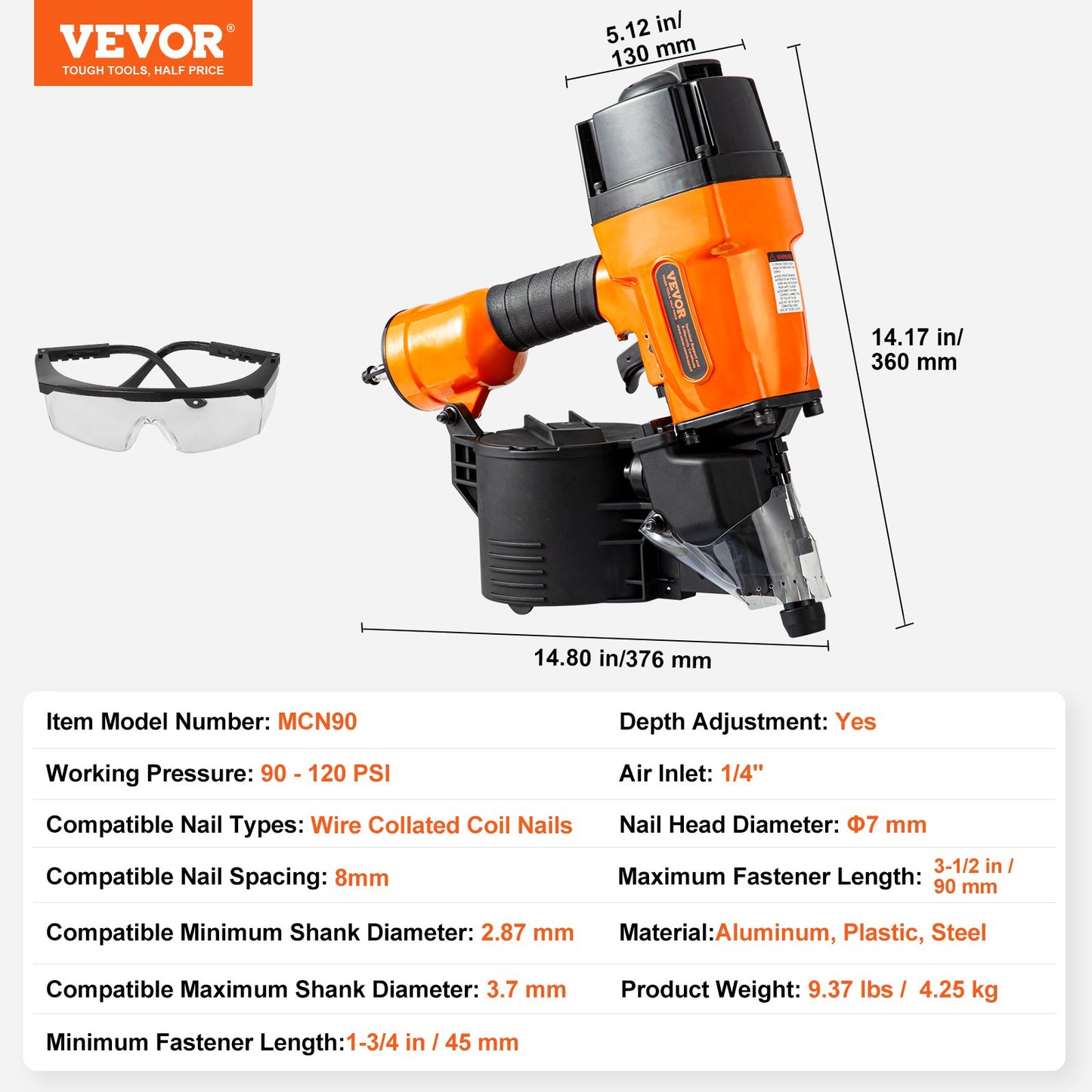 MCN90 Coil Framing Nailer 45mm to 90mm 15 Degree Pneumatic Nail Gun