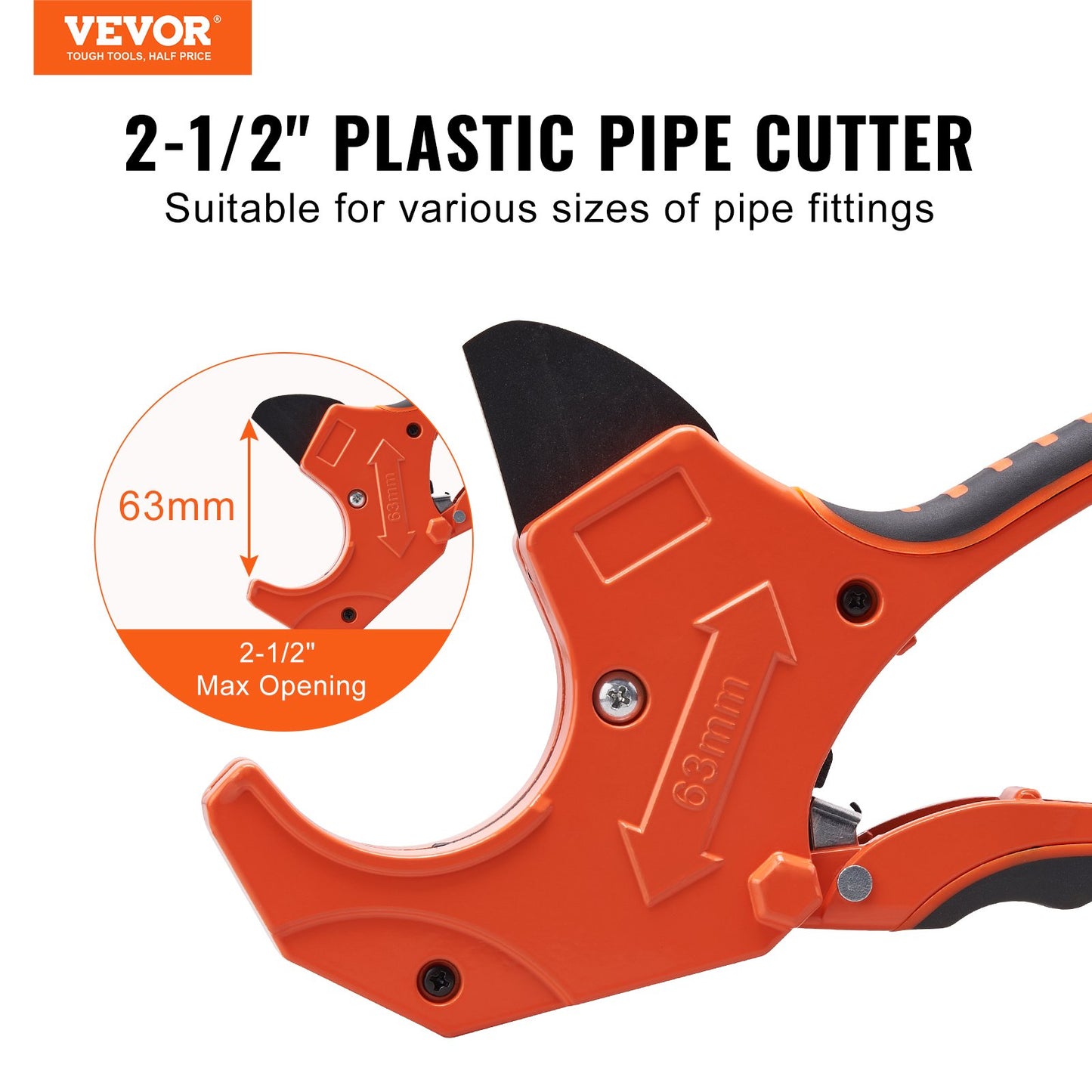 PVC Pipe Cutter, 0-2-1/2" O.D. Ratcheting PVC Pipe Cutter, Heavy Duty Tube Cutting Tool with Spare SK5 Blade for PVC, CPVC, PP-R, PEX, PE, Rubber Hoses