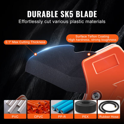 PVC Pipe Cutter, 0-2-1/2" O.D. Ratcheting PVC Pipe Cutter, Heavy Duty Tube Cutting Tool with Spare SK5 Blade for PVC, CPVC, PP-R, PEX, PE, Rubber Hoses