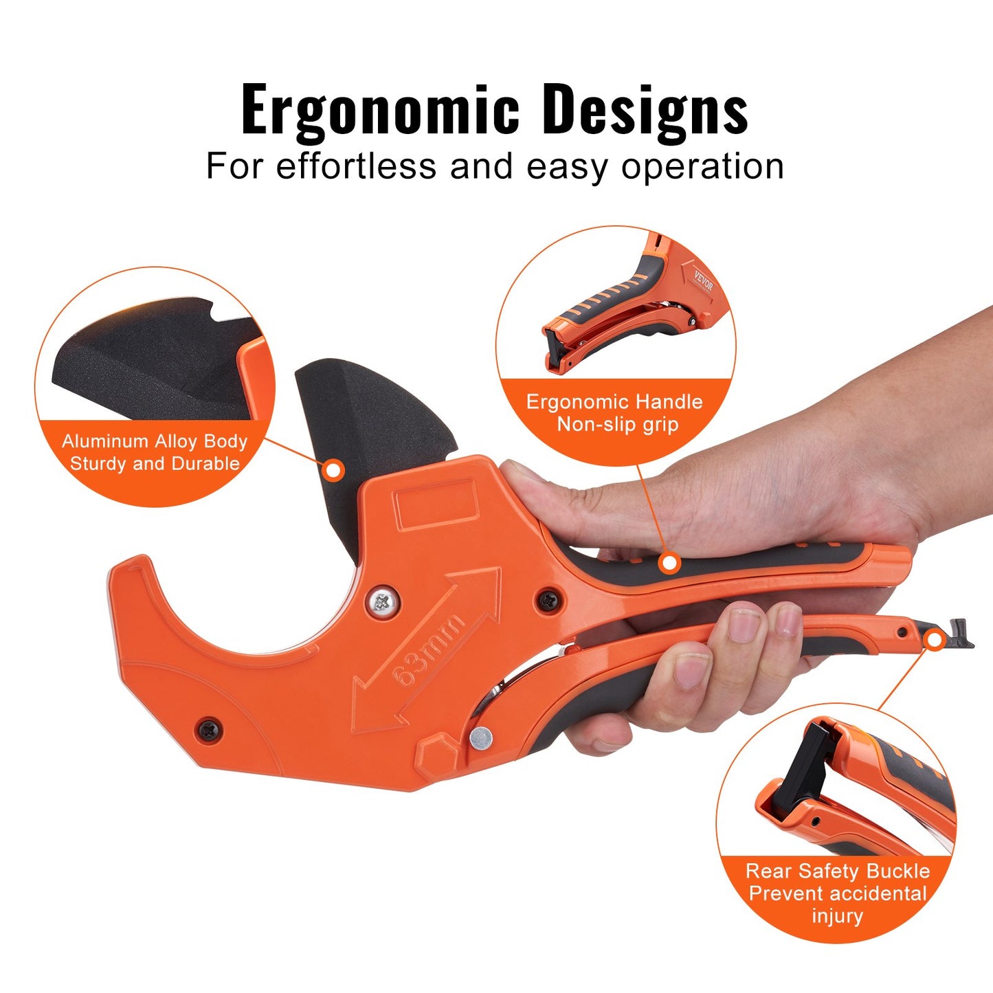 PVC Pipe Cutter, 0-2-1/2" O.D. Ratcheting PVC Pipe Cutter, Heavy Duty Tube Cutting Tool with Spare SK5 Blade for PVC, CPVC, PP-R, PEX, PE, Rubber Hoses