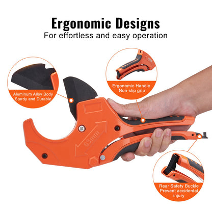 PVC Pipe Cutter, 0-2-1/2" O.D. Ratcheting PVC Pipe Cutter, Heavy Duty Tube Cutting Tool with Spare SK5 Blade for PVC, CPVC, PP-R, PEX, PE, Rubber Hoses