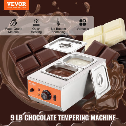 Chocolate Tempering Machine, 2 Tanks Chocolate Melting Pot with TEMP Control, 800W Stainless Steel Electric Commercial Food Warmer For Chocolate/Milk/Cream Melting and Heating