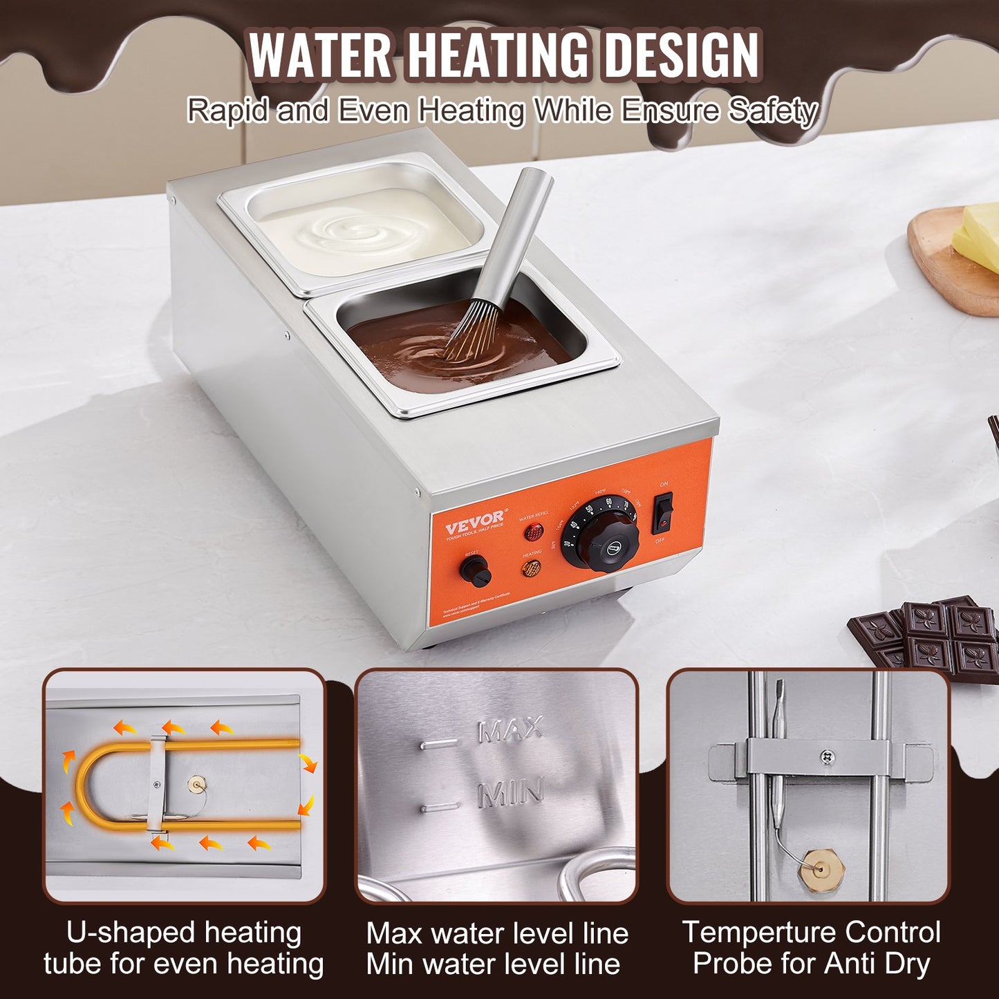 Chocolate Tempering Machine, 2 Tanks Chocolate Melting Pot with TEMP Control, 800W Stainless Steel Electric Commercial Food Warmer For Chocolate/Milk/Cream Melting and Heating