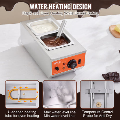 Chocolate Tempering Machine, 2 Tanks Chocolate Melting Pot with TEMP Control, 800W Stainless Steel Electric Commercial Food Warmer For Chocolate/Milk/Cream Melting and Heating