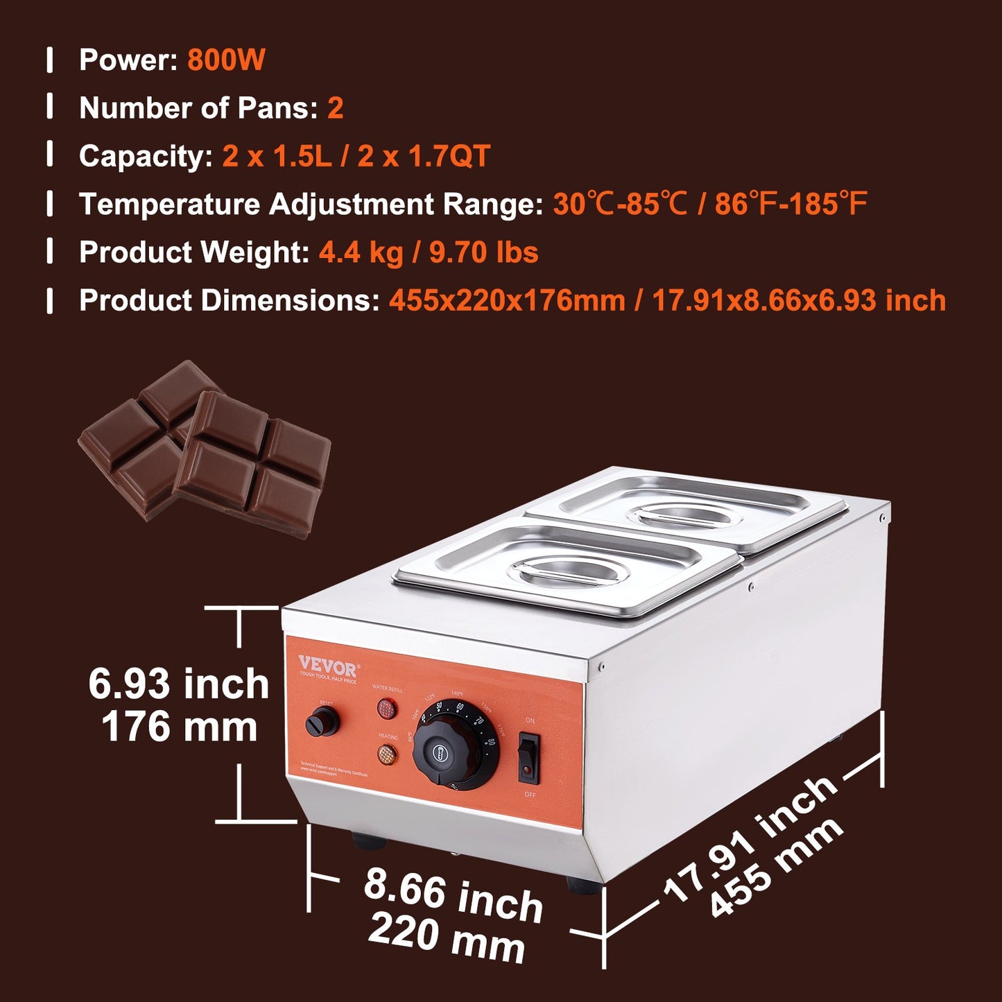 Chocolate Tempering Machine, 2 Tanks Chocolate Melting Pot with TEMP Control, 800W Stainless Steel Electric Commercial Food Warmer For Chocolate/Milk/Cream Melting and Heating