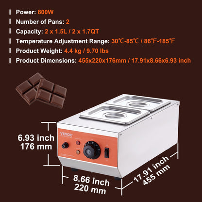 Chocolate Tempering Machine, 2 Tanks Chocolate Melting Pot with TEMP Control, 800W Stainless Steel Electric Commercial Food Warmer For Chocolate/Milk/Cream Melting and Heating