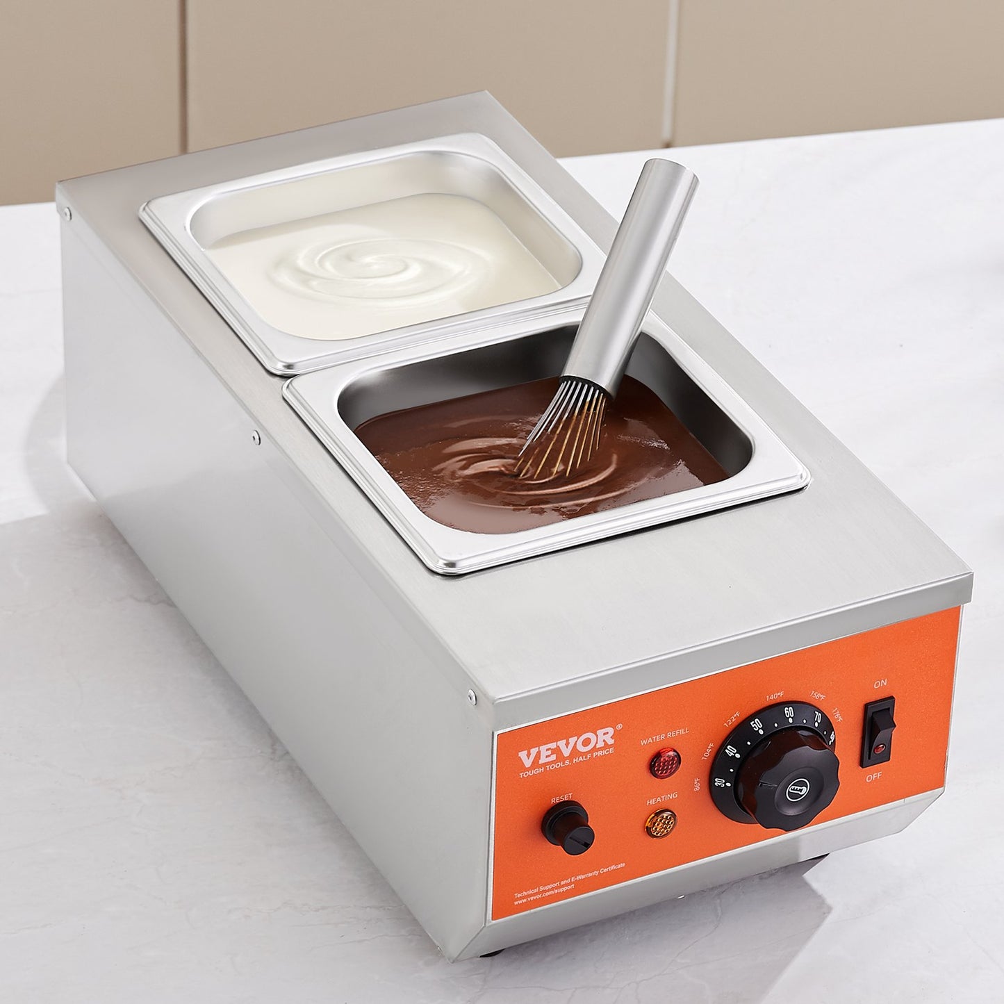 Chocolate Tempering Machine, 2 Tanks Chocolate Melting Pot with TEMP Control, 800W Stainless Steel Electric Commercial Food Warmer For Chocolate/Milk/Cream Melting and Heating