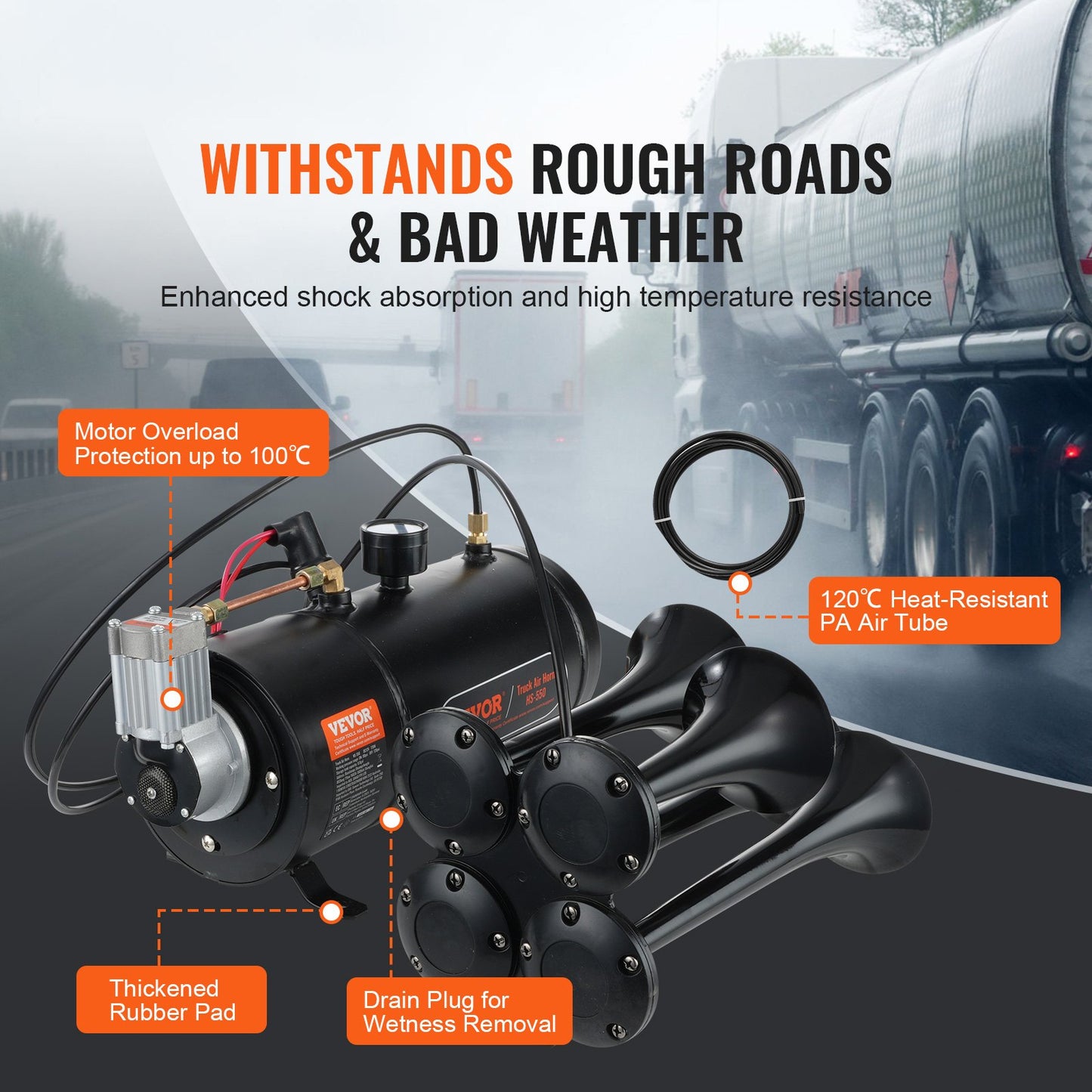 Train Horns Kit, 4 Trumpet Air Horn Kit, 150dB Train Horns for Pickup Trucks, 12V 120 psi Air Compressor 0.8 Gal/3 L Tank with Gauge for Any 12V Vehicle Car Truck Train Van Boat