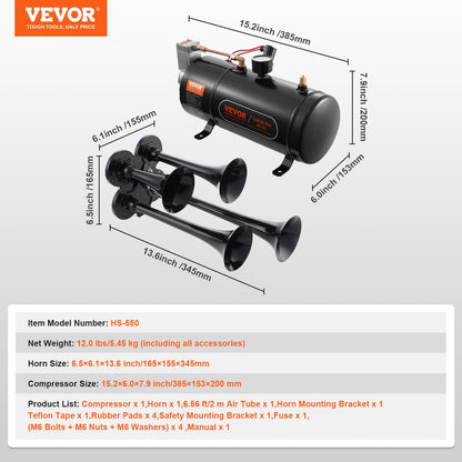 Train Horns Kit, 4 Trumpet Air Horn Kit, 150dB Train Horns for Pickup Trucks, 12V 120 psi Air Compressor 0.8 Gal/3 L Tank with Gauge for Any 12V Vehicle Car Truck Train Van Boat