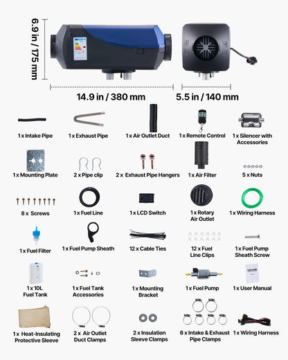 VEVOR Diesel Heater, 8KW, DC 12V/24V, Portable Diesel Air Heater with Remote Control and LCD Screen, Fast Heating Low Noise, 10 L Large Fuel Tank for Vehicles, Vans, RVs, Campers, and Trucks