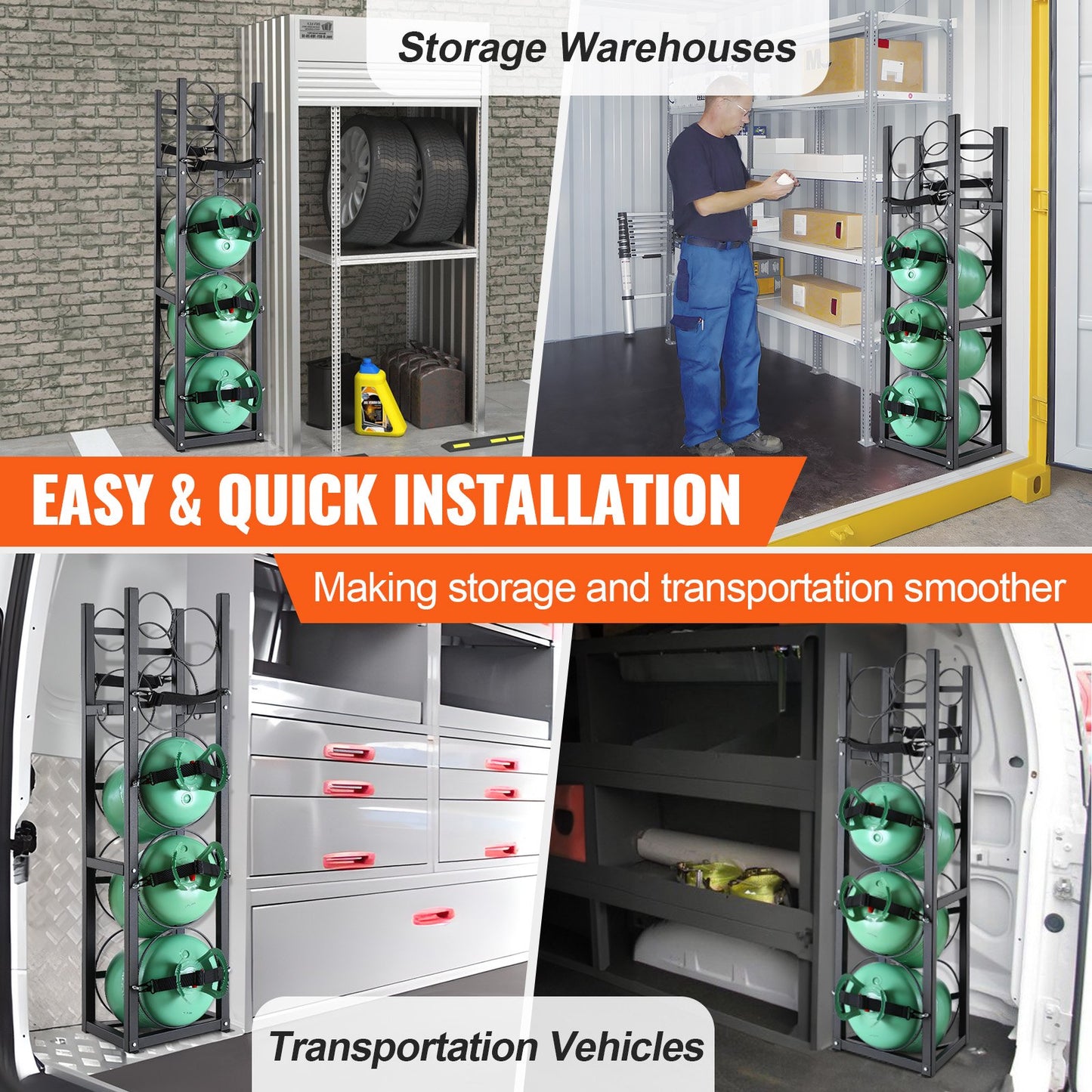 VEVOR Refrigerant Tank Rack, with 3 x 30lbs and Other 3 Small Bottle Tanks, Cylinder Tank Rack 12.79x12.99x47.12 in, Refrigerant Cylinder Rack and Holders for Freon, Gases, Oxygen, Nitrogen