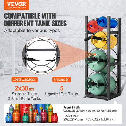 VEVOR Refrigerant Tank Rack, with 2 x 30lbs and Other 3 Small Bottle Tanks, Cylinder Tank Rack 12.79x12.99x47.12 in, Refrigerant Cylinder Rack and Holders for Freon, Gases, Oxygen, Nitrogen