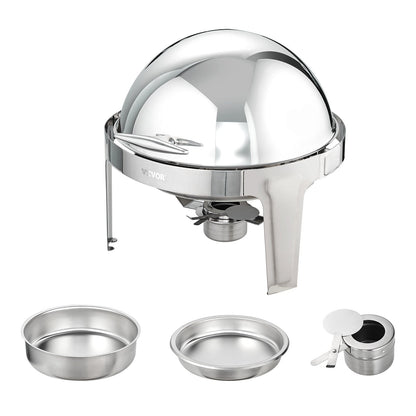 Roll Top Chafing Dish Buffet Set, 5.5L 2 Pack, Stainless Steel Chafer with 2 Full Size Pans, Round Catering Warmer Server with Lid Water Pan Stand Fuel Holder, for at Least 5 People Each