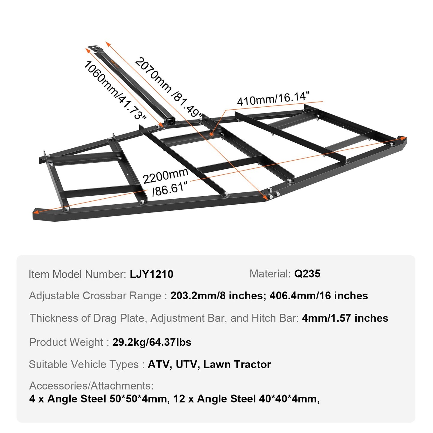 Driveway Drag, 84" Width Tow Behind Drag Harrow, Q235 Steel Driveway Grader with Adjustable Bars, Support up to 50 lbs, Driveway Tractor Harrow for ATVs, UTVs, Garden Lawn Tractors