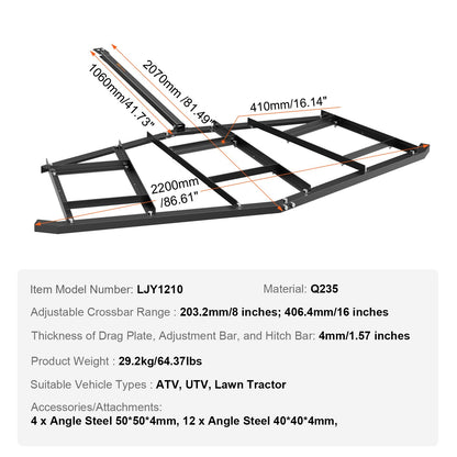 Driveway Drag, 84" Width Tow Behind Drag Harrow, Q235 Steel Driveway Grader with Adjustable Bars, Support up to 50 lbs, Driveway Tractor Harrow for ATVs, UTVs, Garden Lawn Tractors