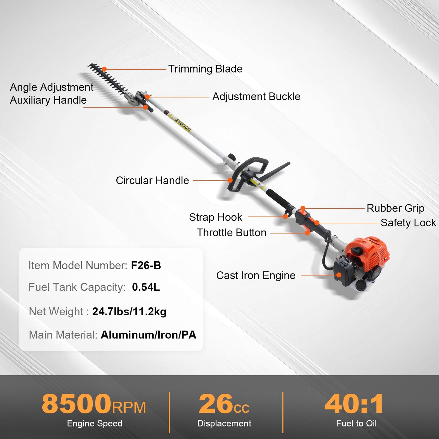 15.7-inch 26CC 2 Cycle Gas Hedge Trimmer, Gas Powered Pole Hedge Trimmer with Dual Sided Dual Action Blade, Adjustable Trimmer Head, Suitable for Trimming Shrubs, Bushes