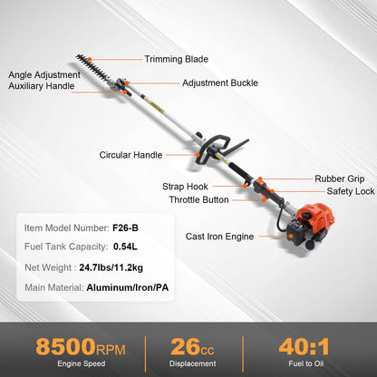 15.7-inch 26CC 2 Cycle Gas Hedge Trimmer, Gas Powered Pole Hedge Trimmer with Dual Sided Dual Action Blade, Adjustable Trimmer Head, Suitable for Trimming Shrubs, Bushes