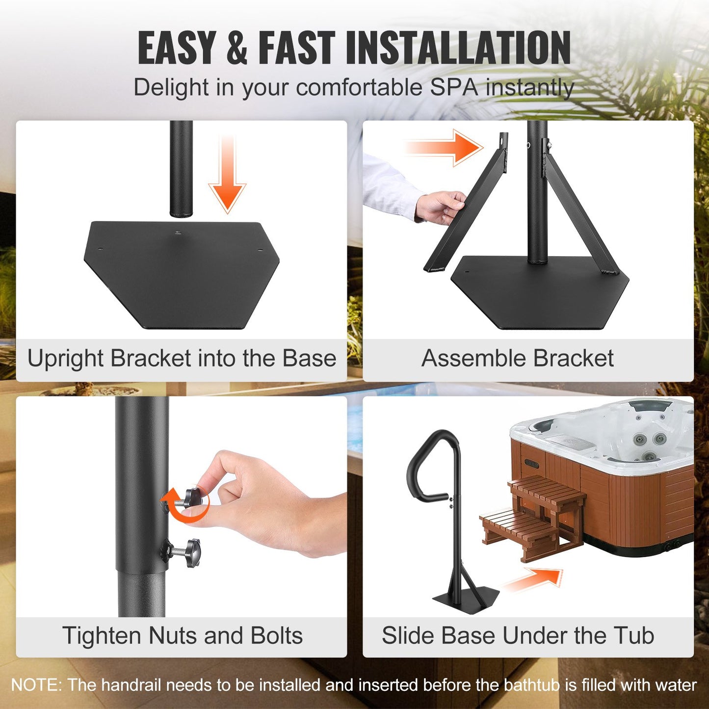 Hot Tub Handrail, 360 Rotatable Spa Side Handrail with 35"-57" Adjustable Height, Rust-proof Aluminum Spa Step Hot Tub Hand Rail with Slide-Under Mount Base for Indoor & Outdoor, 600LBS Capacity