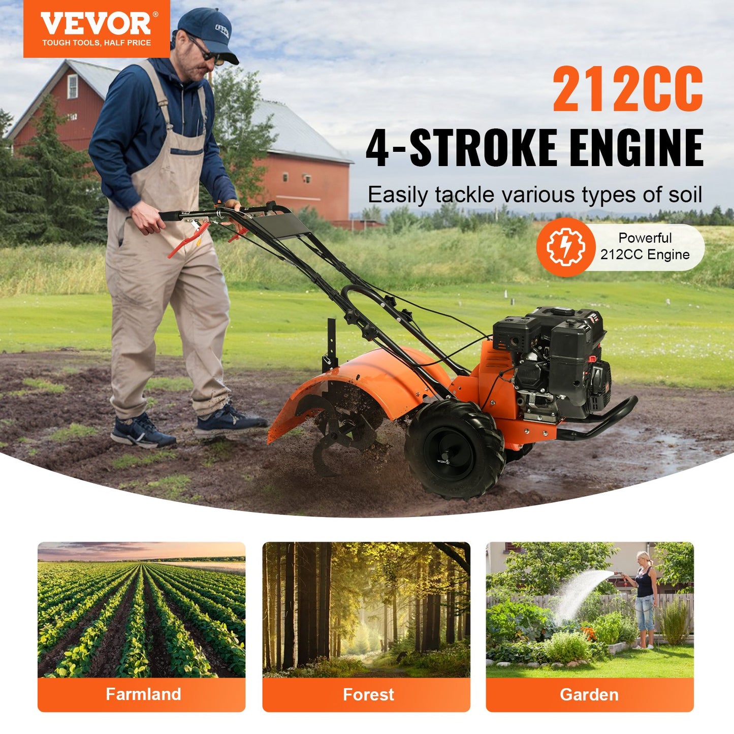 Tiller Cultivator Gas Powered, 212CC 4-Stroke Garden Cultivator, Tiller with 4 Steel Adjustable Rear Tines for Lawn, Garden and Field Soil Cultivation