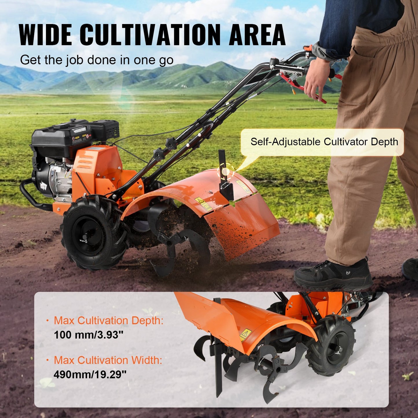 Tiller Cultivator Gas Powered, 212CC 4-Stroke Garden Cultivator, Tiller with 4 Steel Adjustable Rear Tines for Lawn, Garden and Field Soil Cultivation