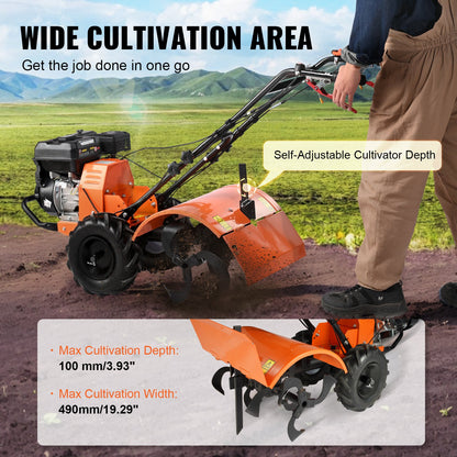 Tiller Cultivator Gas Powered, 212CC 4-Stroke Garden Cultivator, Tiller with 4 Steel Adjustable Rear Tines for Lawn, Garden and Field Soil Cultivation