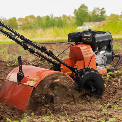Tiller Cultivator Gas Powered, 212CC 4-Stroke Garden Cultivator, Tiller with 4 Steel Adjustable Rear Tines for Lawn, Garden and Field Soil Cultivation