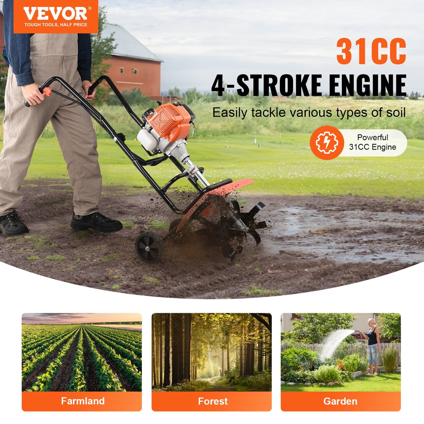 Tiller Cultivator Gas Powered, 31CC 4-Stroke Garden Cultivator, Tiller with 4 Steel Adjustable Front Tines for Lawn, Garden and Field Soil Cultivation