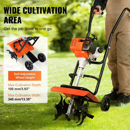 Tiller Cultivator Gas Powered, 31CC 4-Stroke Garden Cultivator, Tiller with 4 Steel Adjustable Front Tines for Lawn, Garden and Field Soil Cultivation