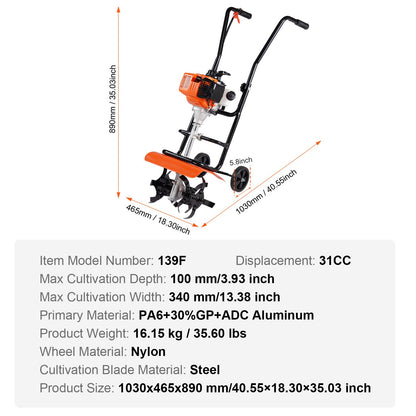 Tiller Cultivator Gas Powered, 31CC 4-Stroke Garden Cultivator, Tiller with 4 Steel Adjustable Front Tines for Lawn, Garden and Field Soil Cultivation
