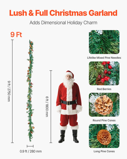 Christmas Garland, 2750mm Artificial Christmas Garland with Light String, Faux Greenery Decoration with Berry Clusters, Pine Needles, Pine Cones, Realistic Xmas Collection for Mantel Fireplace