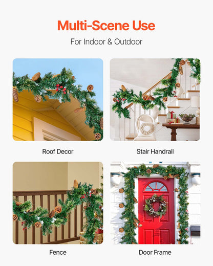 Christmas Garland, 2750mm Artificial Christmas Garland with Light String, Faux Greenery Decoration with Berry Clusters, Pine Needles, Pine Cones, Realistic Xmas Collection for Mantel Fireplace