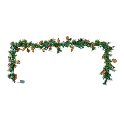 Christmas Garland, 2750mm Artificial Christmas Garland with Light String, Faux Greenery Decoration with Berry Clusters, Pine Needles, Pine Cones, Realistic Xmas Collection for Mantel Fireplace