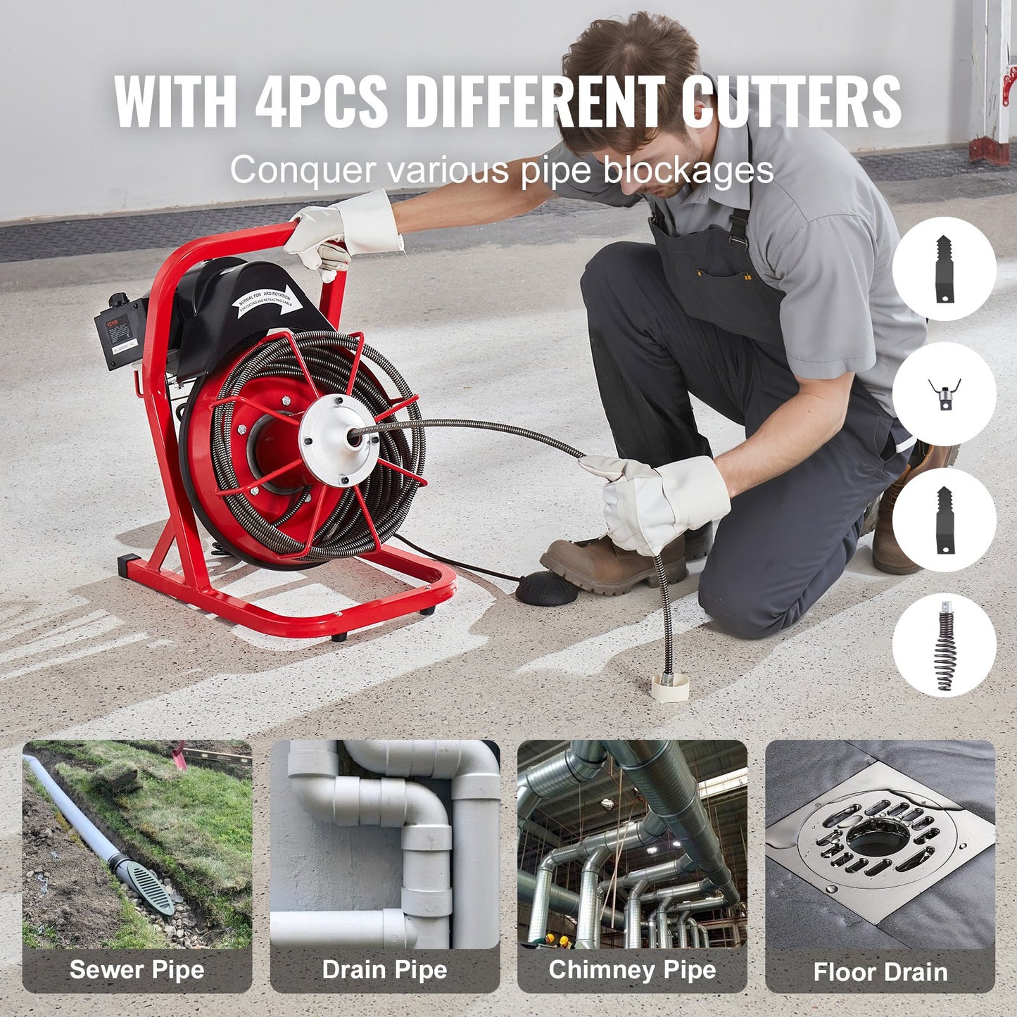Drain Cleaner Machine Drain Auger 50FT x 3/8 Inch Manual Feed & 4 Cutters