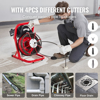 Drain Cleaner Machine Drain Auger 50FT x 3/8 Inch Manual Feed & 4 Cutters
