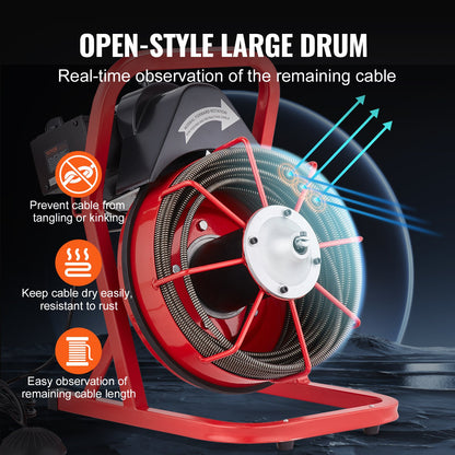 Drain Cleaner Machine Drain Auger 75FT x 3/8 Inch Manual Feed & 4 Cutters