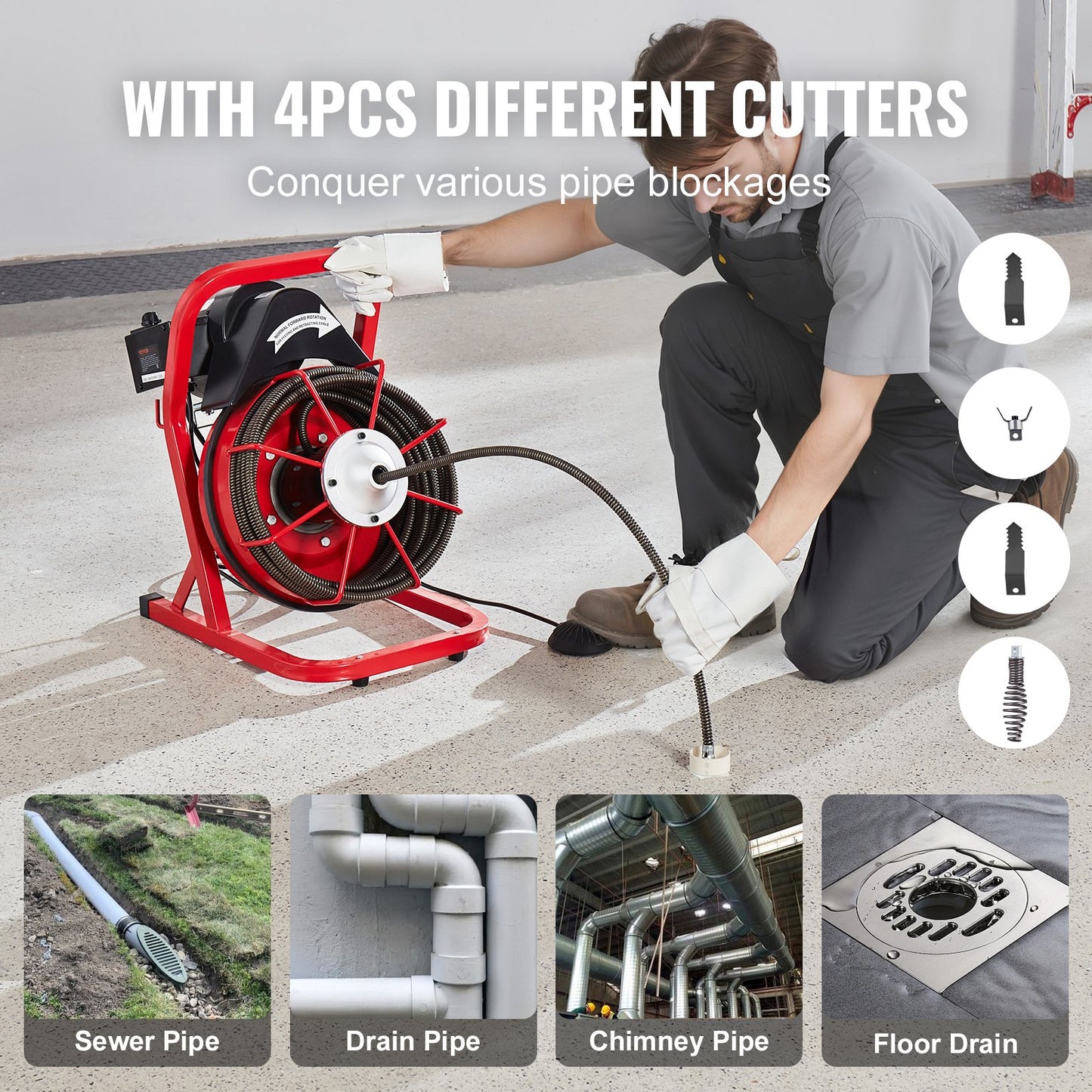Drain Cleaner Machine Drain Auger 50FT x 1/2 Inch Manual Feed & 4 Cutters