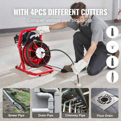 Drain Cleaner Machine Drain Auger 50FT x 1/2 Inch Manual Feed & 4 Cutters
