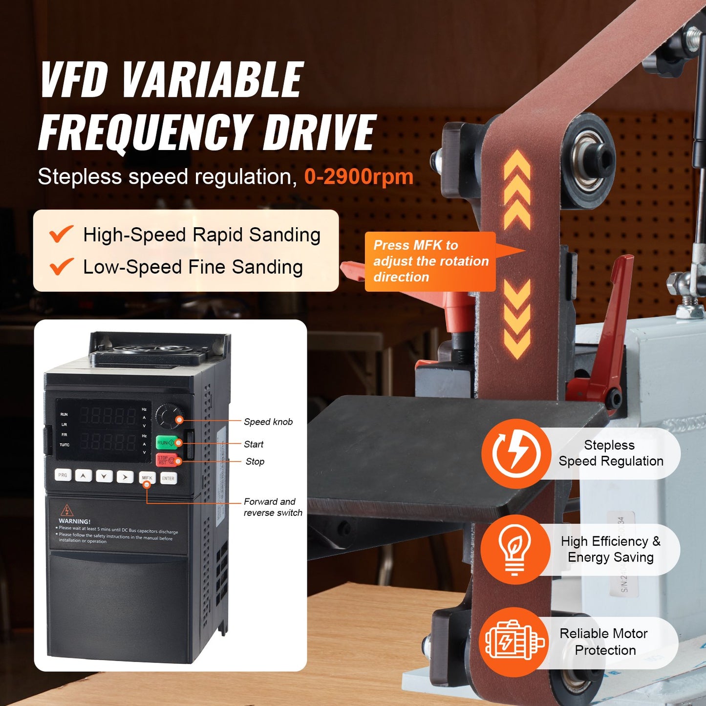 VFD Variable Frequency Drive with sanding machine on a wooden surface