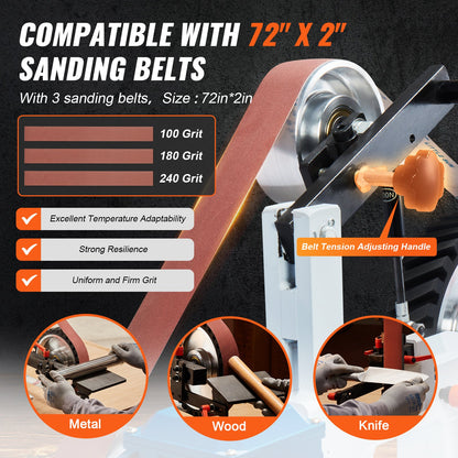 Sanding belt with compatibility details and usage examples on a dark background