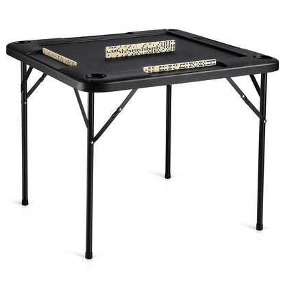 Mahjong Table, Square 4 Player Folding Card Table with 4 Cup Holders & 4 Chip Trays, Portable Domino Game Table with 1 Set of Dominoes for Mahjong Poke Puzzles, 90 x 90-inch, Black
