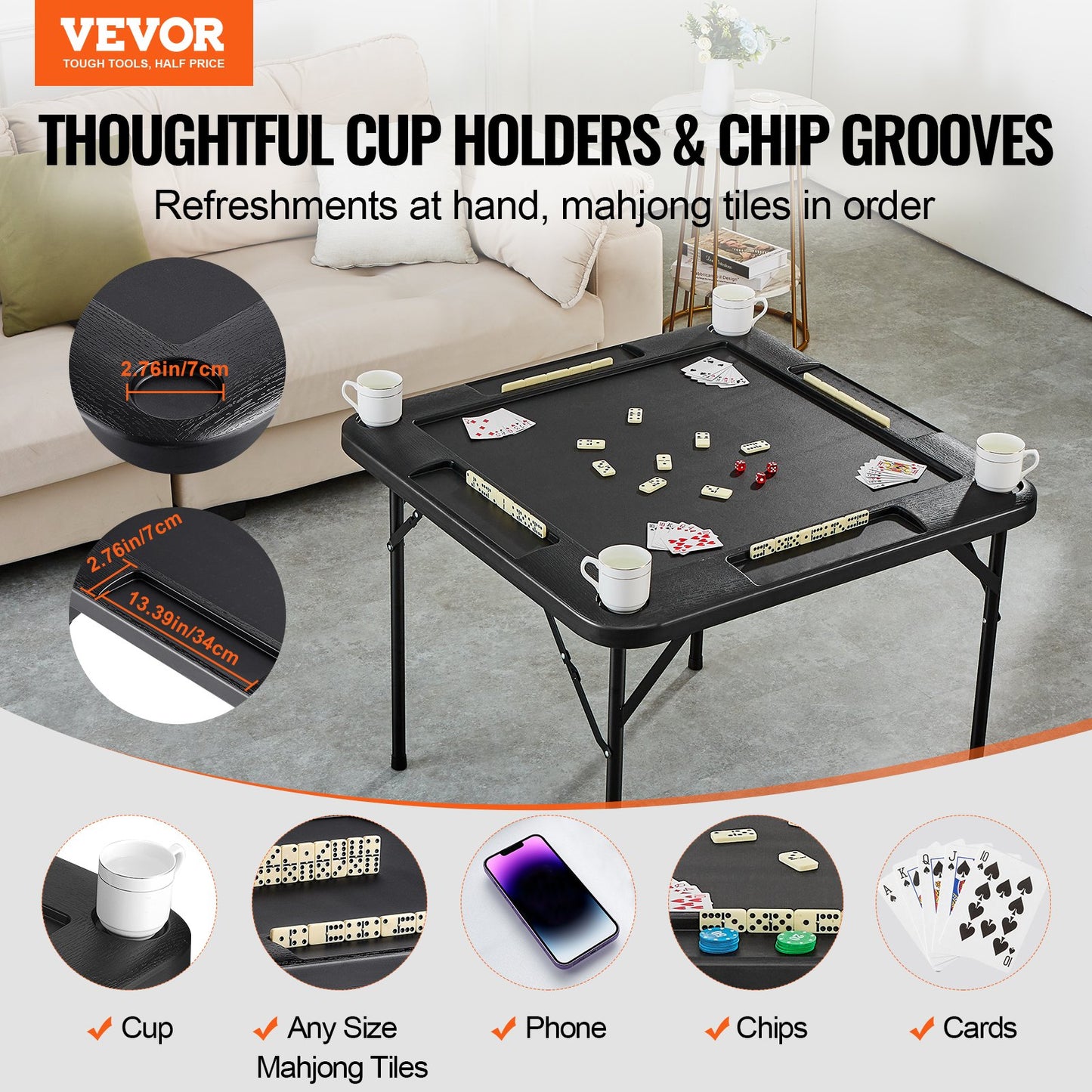 Mahjong Table, Square 4 Player Folding Card Table with 4 Cup Holders & 4 Chip Trays, Portable Domino Game Table with 1 Set of Dominoes for Mahjong Poke Puzzles, 90 x 90-inch, Black