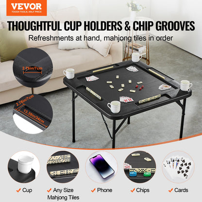 Mahjong Table, Square 4 Player Folding Card Table with 4 Cup Holders & 4 Chip Trays, Portable Domino Game Table with 1 Set of Dominoes for Mahjong Poke Puzzles, 90 x 90-inch, Black