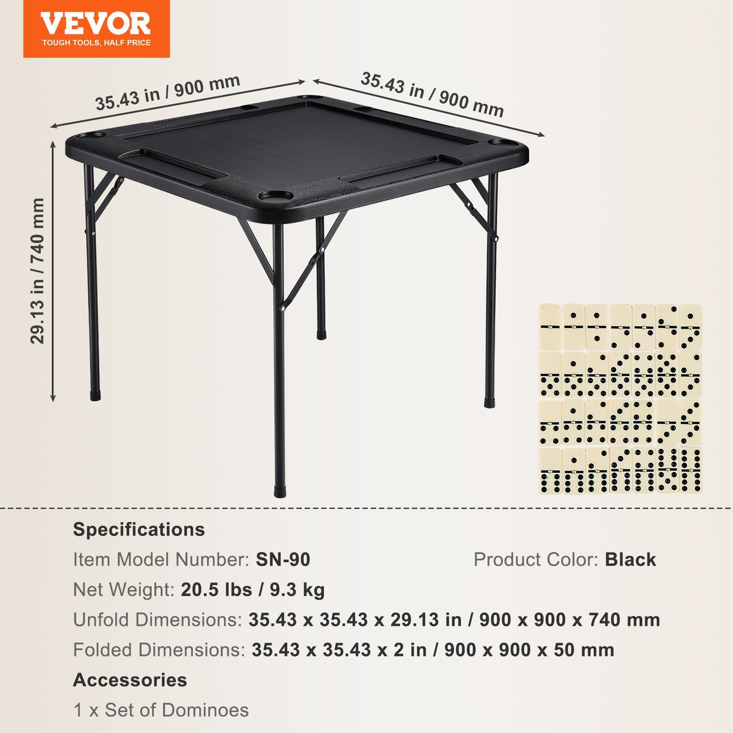 Mahjong Table, Square 4 Player Folding Card Table with 4 Cup Holders & 4 Chip Trays, Portable Domino Game Table with 1 Set of Dominoes for Mahjong Poke Puzzles, 90 x 90-inch, Black