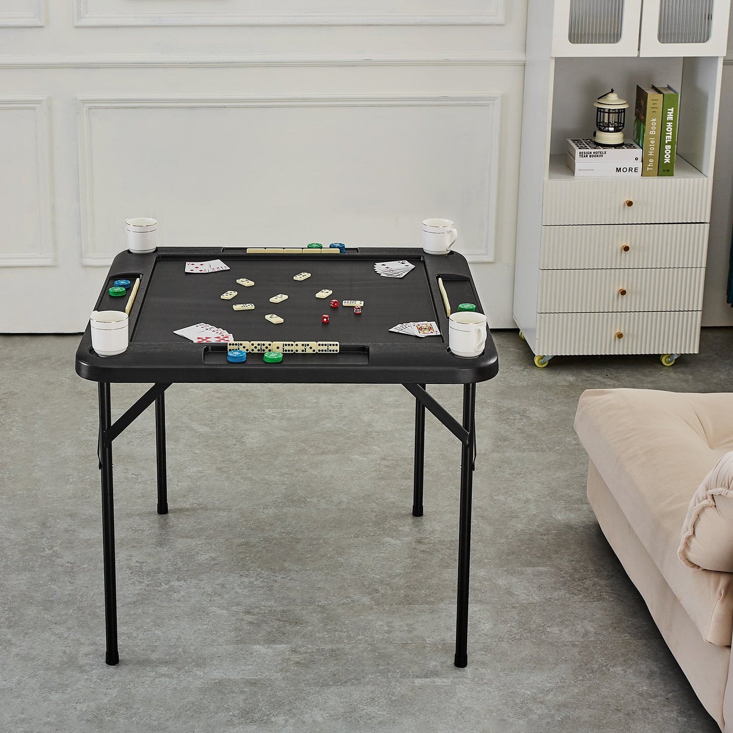 Mahjong Table, Square 4 Player Folding Card Table with 4 Cup Holders & 4 Chip Trays, Portable Domino Game Table with 1 Set of Dominoes for Mahjong Poke Puzzles, 90 x 90-inch, Black