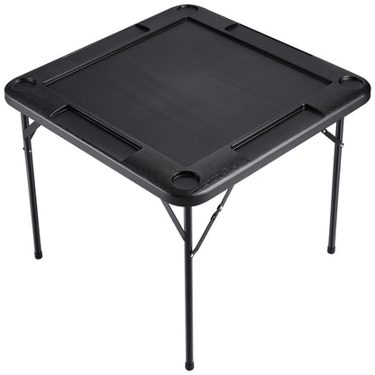 Mahjong Table, Square 4 Player Folding Card Table with 4 Cup Holders & 4 Chip Trays, Portable Domino Game Table with 1 Set of Dominoes for Mahjong Poke Puzzles, 90 x 90-inch, Black