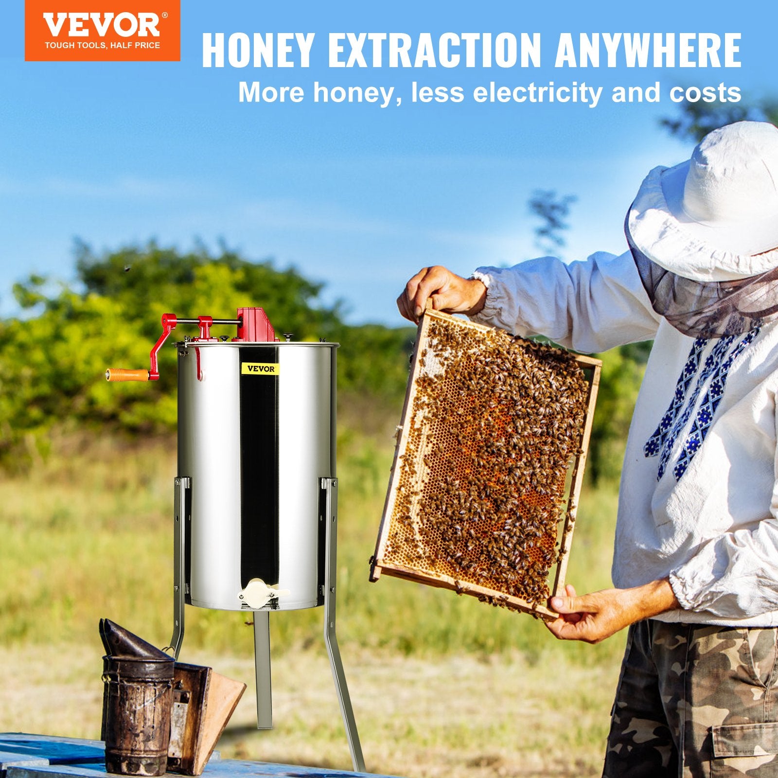 Vevor honey extraction equipment with a person holding a honeycomb frame outdoors.