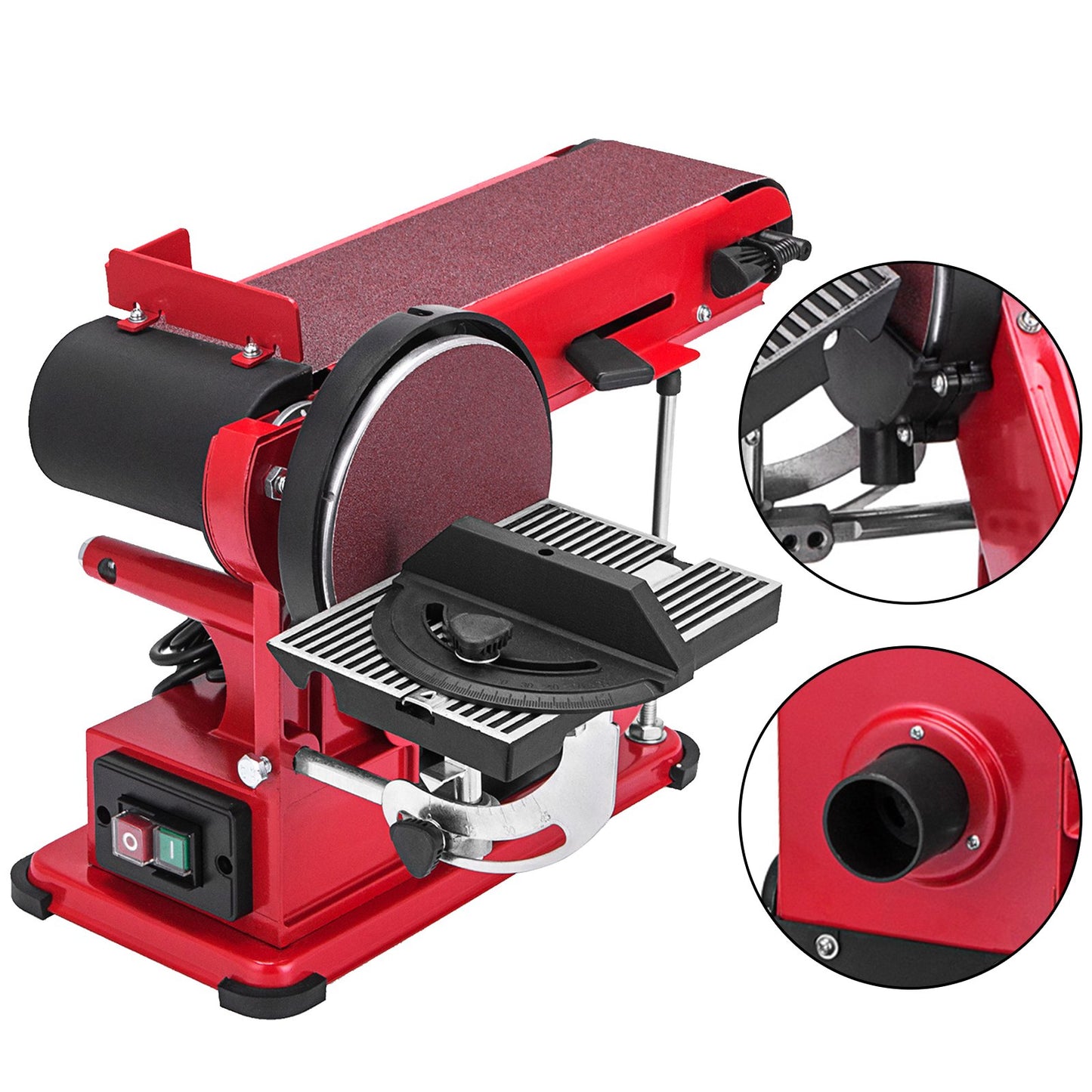 Red belt sander with close-up details on a white background