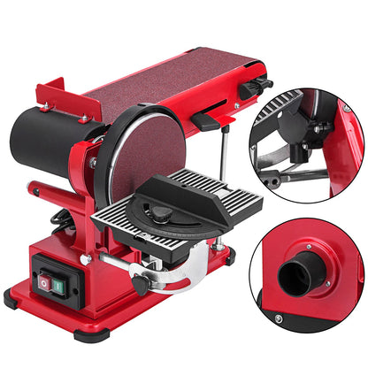 Red belt sander with close-up details on a white background