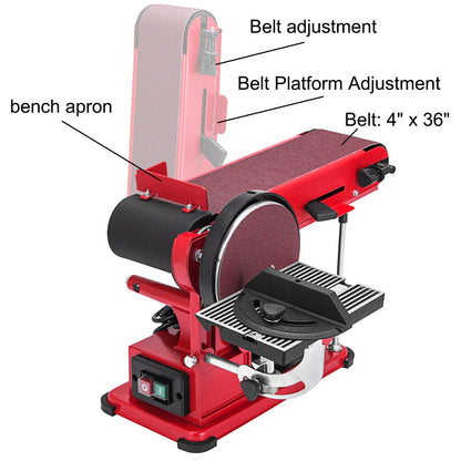 Red belt sander with labeled parts on a white background